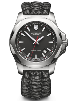 Victorinox watch with black dial, silver markers, paracord strap, date at 4:30, 200m water resistance.