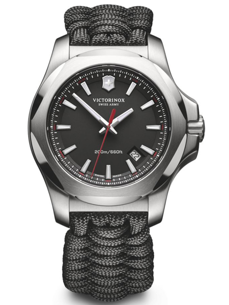 Victorinox watch with black dial, silver markers, paracord strap, date at 4:30, 200m water resistance.