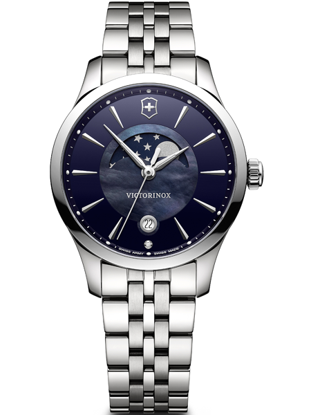 Victorinox wristwatch with metal bracelet, starry dial, date at 6 o\'clock, and logo at top center.