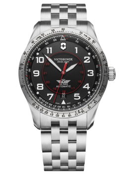 Black dial watch with white numerals, red accents, and stainless steel bracelet.
