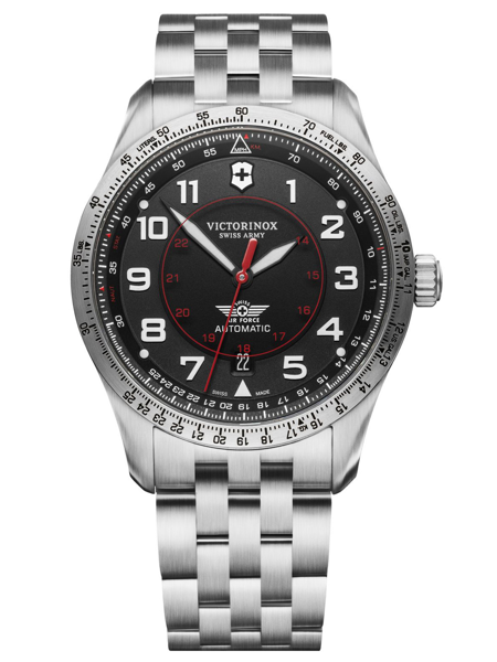 Black dial watch with white numerals, red accents, and stainless steel bracelet.