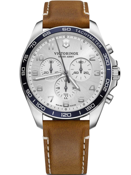 Victorinox watch with brown leather strap, silver dial, chronograph sub-dials, and tachymeter bezel.