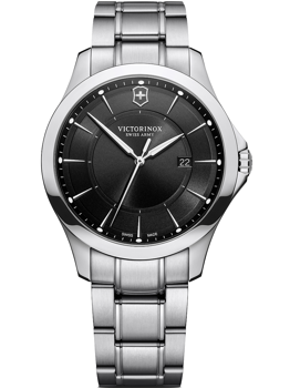 Victorinox men's watch with black dial, silver markers, date at 3 o'clock, metal bracelet, polished finish.