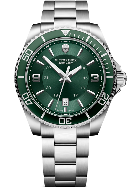 Victorinox wristwatch with green dial, date at 6, and brushed metal bracelet.