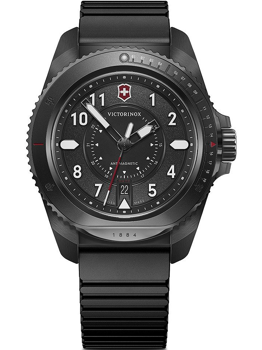 Black Victorinox men's watch with logo, antimagnetic text, and date at 6 o'clock on black strap.