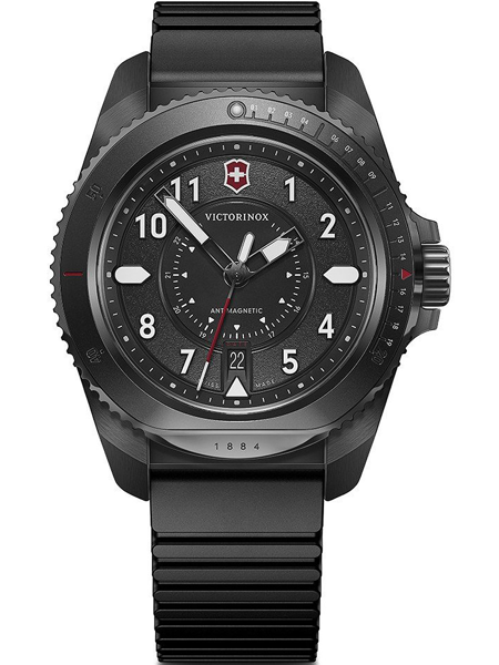 Black Victorinox men\'s watch with logo, antimagnetic text, and date at 6 o\'clock on black strap.