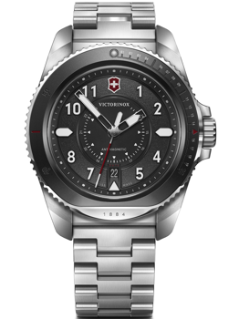 Victorinox 242009 watch with round dial, metal bracelet, antimagnetic feature, date at 6 o'clock.
