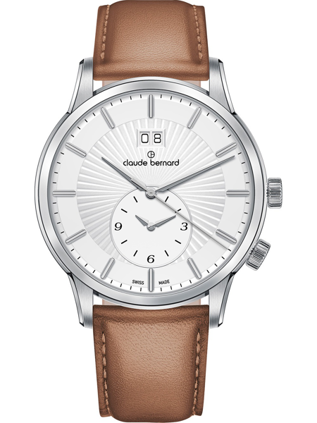 White sunburst dial with silver indices, subdial, date display; brown leather strap with stitching.