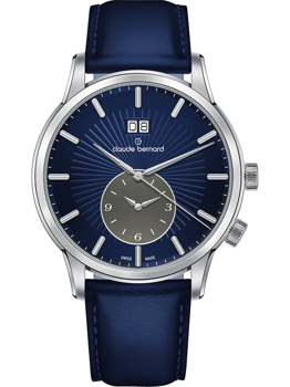 Blue sunburst dial watch with date at 12, seconds subdial at 6, silver markers, blue leather strap.