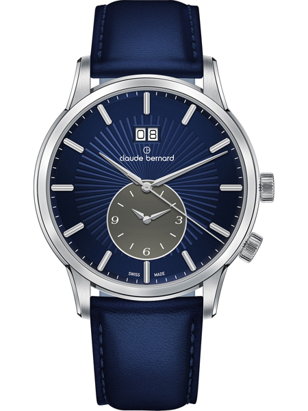 Blue sunburst dial watch with date at 12, seconds subdial at 6, silver markers, blue leather strap.