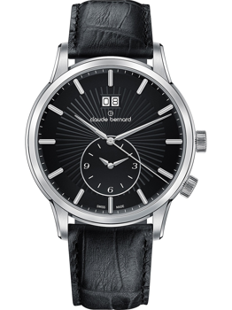Claude Bernard men's watch with black dial, silver markers, date at 12, and black leather strap.