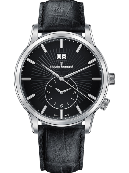 Claude Bernard men\'s watch with black dial, silver markers, date at 12, and black leather strap.