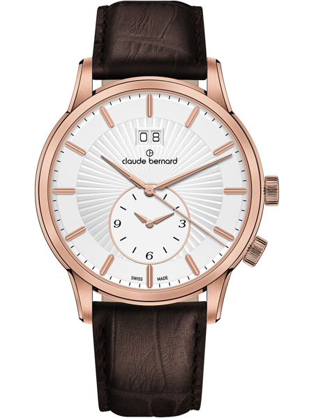 Claude Bernard watch with white dial, rose gold markers, sub-dial at 6, date at 12, brown strap.