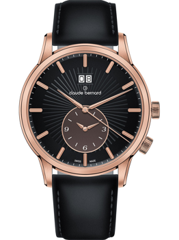 Black leather strap, rose gold-tone case, subdial at 6, date display at 12 o'clock.