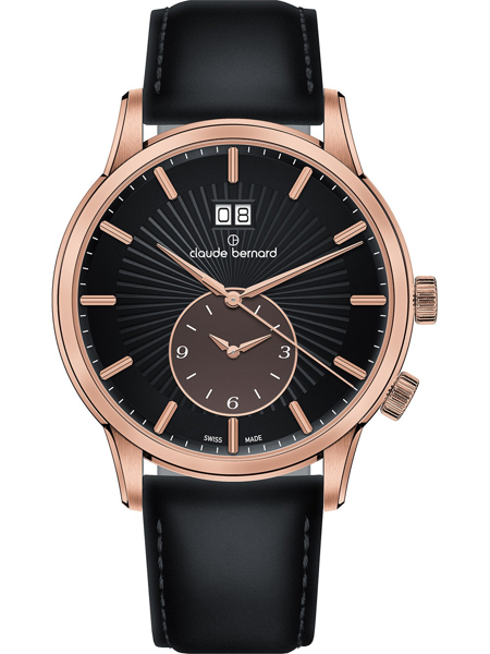 Black leather strap, rose gold-tone case, subdial at 6, date display at 12 o\'clock.