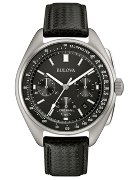 Black-dial Bulova watch with three subdials, tachymeter scale, and textured leather strap.