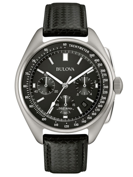 Black-dial Bulova watch with three subdials, tachymeter scale, and textured leather strap.