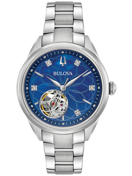 Bulova 96P191 watch with blue floral dial, diamond markers, and open-heart design on a silver bracelet.