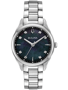 Bulova ladies' watch with dark face, diamond markers, and linked metal bracelet.