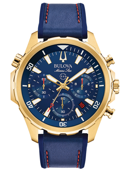 Gold-tone Bulova Marine Star watch, blue face, chronograph dials, blue strap with red stitching.
