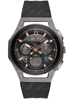 Black Bulova watch with three sub-dials, rose gold accents, and "262 kHz" on the dial.