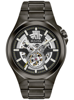 Bulova men's watch with skeleton dial, visible gears, metal bracelet, and "Automatic, 21 Jewels" text.