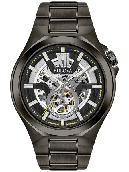 Bulova men\'s watch with skeleton dial, visible gears, metal bracelet, and "Automatic, 21 Jewels" text.