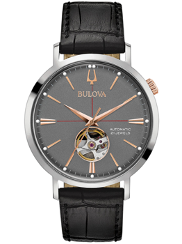 Bulova men's watch with open-heart mechanism, black leather strap, and text "Automatic 21 jewels."