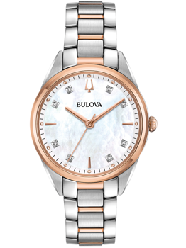 Bulova ladies' watch with pearl dial, gemstone markers, two-tone bracelet, and matching bezel.