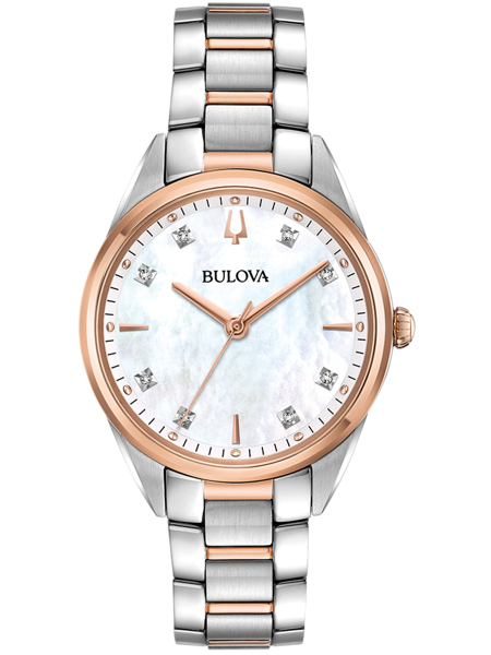 Bulova ladies\' watch with pearl dial, gemstone markers, two-tone bracelet, and matching bezel.