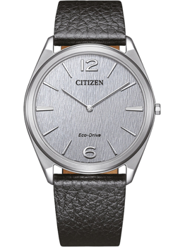 Citizen AR3120-16A watch with textured dial, minimal markers, "Citizen" and "Eco-Drive" text, leather strap.