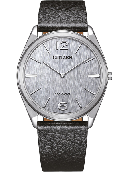 Citizen AR3120-16A watch with textured dial, minimal markers, "Citizen" and "Eco-Drive" text, leather strap.