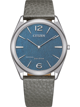 Citizen wristwatch with blue dial, silver markers, "CITIZEN" and "Eco-Drive" text, gray strap.