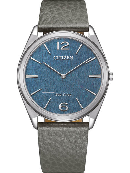 Citizen wristwatch with blue dial, silver markers, "CITIZEN" and "Eco-Drive" text, gray strap.