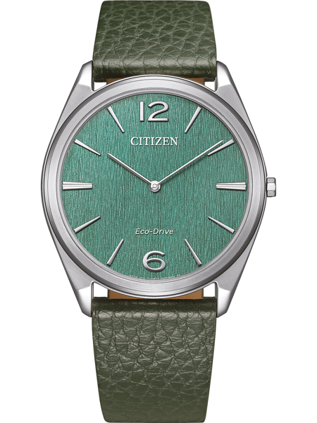 Citizen AR3120-32X watch with green dial, silver markers, green strap, and Eco-Drive technology.