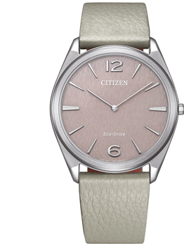 Ultra-slim Citizen watch with silver case, beige face, linear markers, and light beige leather strap.