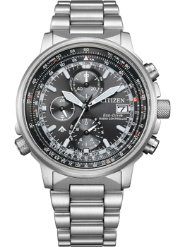 Silver Citizen watch with black dial, sub-dials, city names, Eco-Drive, Radio Controlled labels.