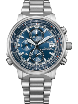 Citizen watch with blue dial, sub-dials, date display, metal bracelet, Eco-Drive, Radio Controlled.