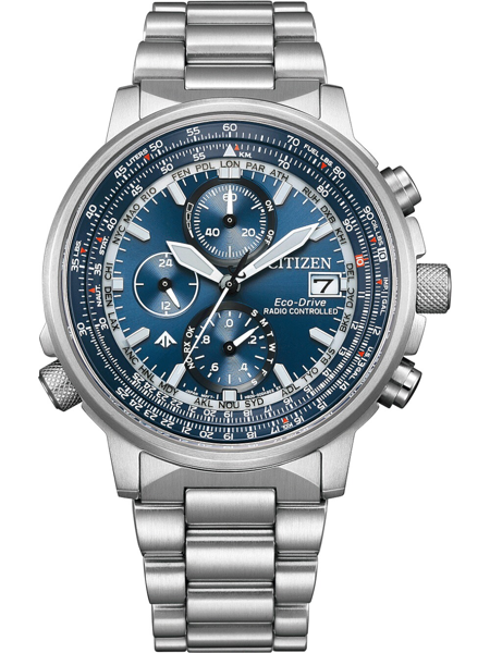 Citizen watch with blue dial, sub-dials, date display, metal bracelet, Eco-Drive, Radio Controlled.
