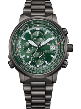 Citizen Promaster Sky watch with green dial, sub-dials, Eco-Drive, Radio Controlled, and metal band.
