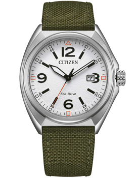 Citizen watch with white dial, black numerals, red-tipped hands, date at 3 o'clock, green strap.