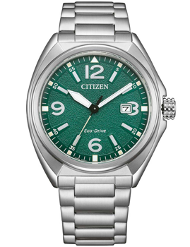Green dial Citizen watch with luminous numerals, date at 3 o'clock, and brushed metal bracelet.