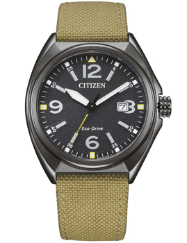 Black dial watch with large numerals, date at 3 o'clock, and a beige woven strap.