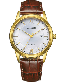 Gold-tone watch with white dial, gold markers, brown leather strap, and date at 3 o'clock.