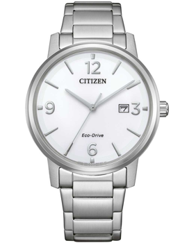Citizen Eco-Drive watch with white dial, silver markers, date at 3 o'clock, and metal bracelet.