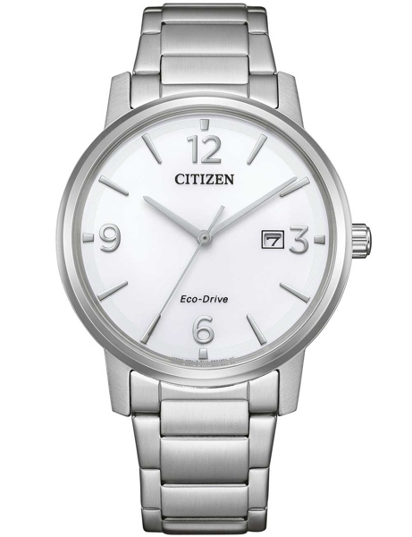 Citizen Eco-Drive watch with white dial, silver markers, date at 3 o\'clock, and metal bracelet.