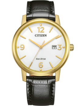 Citizen Eco-Drive watch with gold case, white dial, date window at 3, black leather strap.