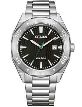Silver Citizen watch, black dial, white markers, date at 3, engraved bezel, silver bracelet.