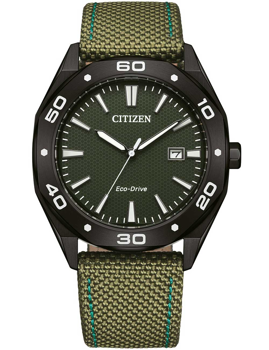 Green Citizen Eco-Drive watch with date at 3 o'clock, black bezel, and green strap.