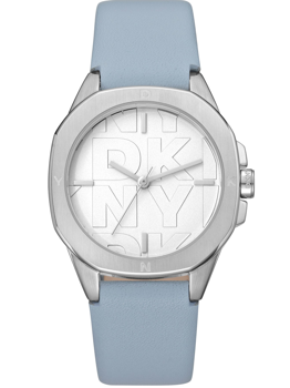 Light blue DKNY watch with silver case, engraved bezel, and "DKNY" pattern on the dial.